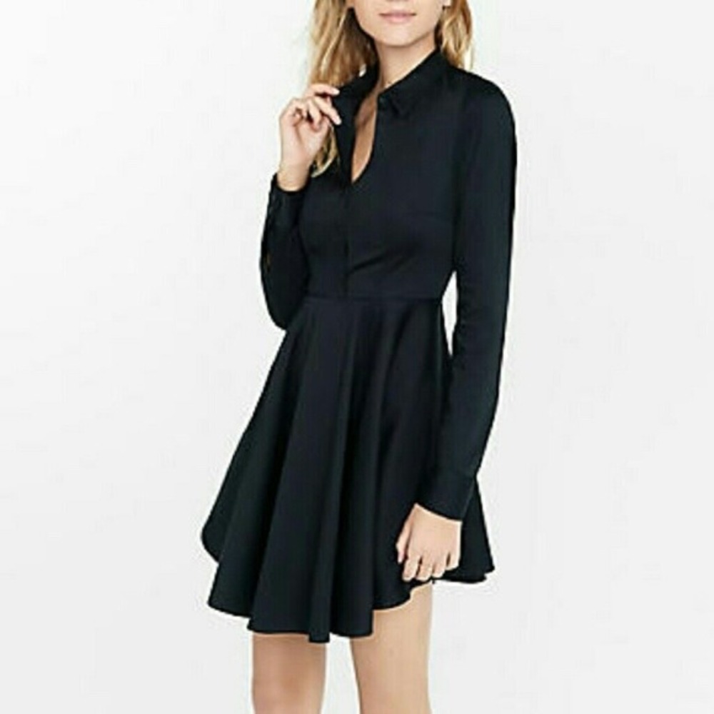 Express Womens Black Long Sleeve Fit and Flare Shirt Dress Size 2 Pockets - Picture 10 of 10